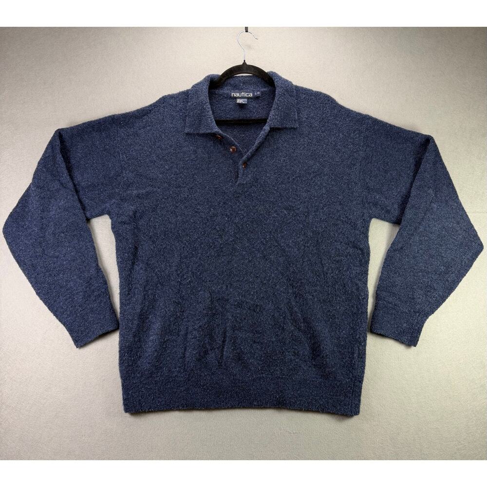 Nautica Men’s Blue Knit Polo Sweater Long Sleeve Pullover Collared Size L/G